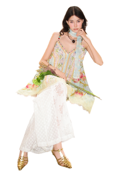 Peach Branch Print Metallic Chiffon Dress