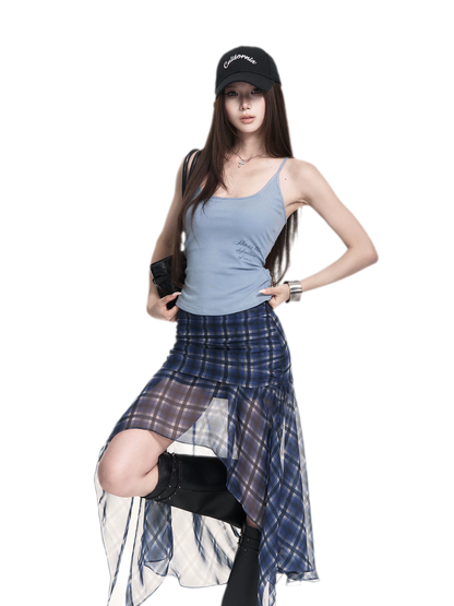 Blue Plaid Chiffon Skirt