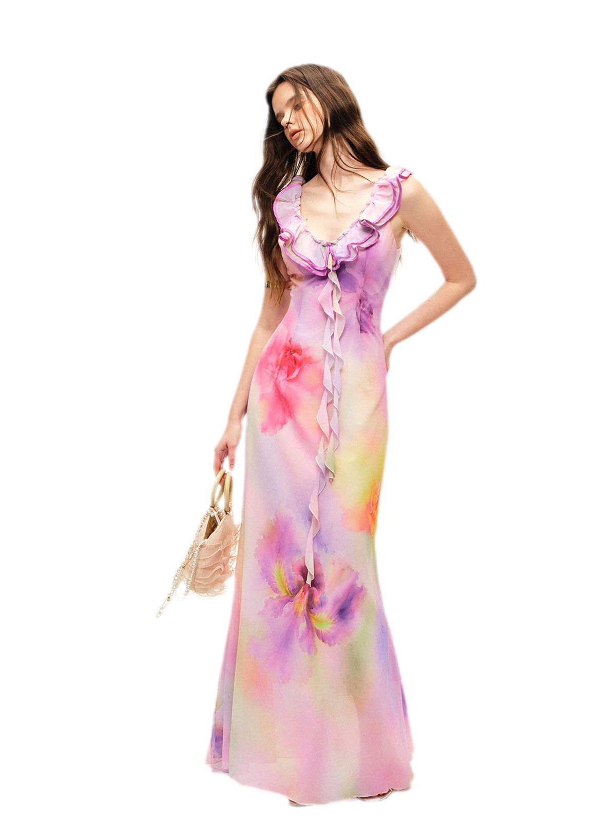 Watercolor Ruffle V-Neck Dress