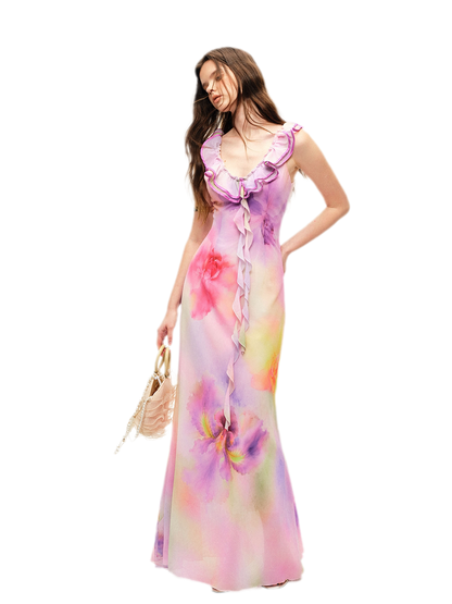 Watercolor Ruffle V-Neck Dress