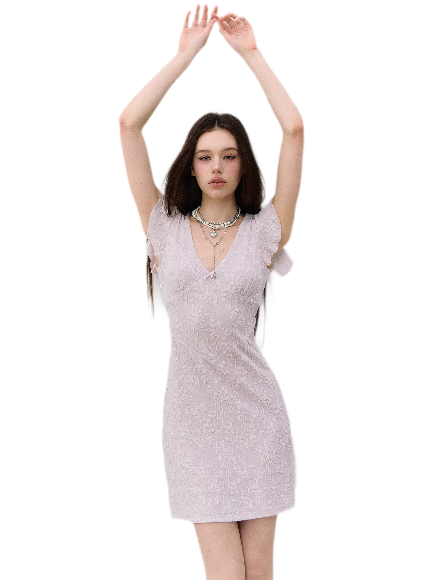 Lace-Trim Jacquard Knit Waist-Cinched Dress