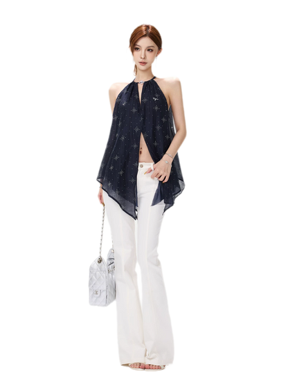 Rhinestone Asymmetric Halter Chiffon Top