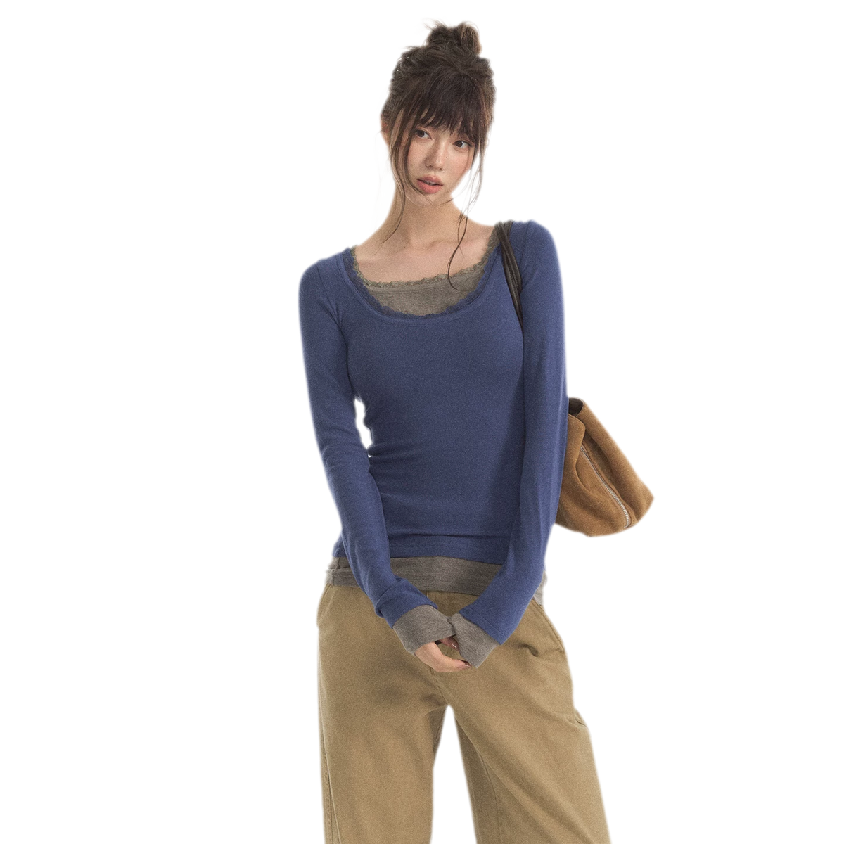 Mehrlagiges Stricktop mit Spitzenbesatz