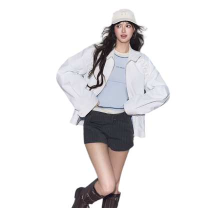 Ruffled Stand Collar Harrington Jacket