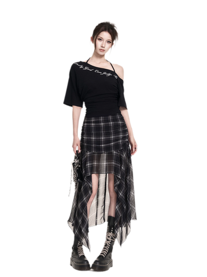 Plaid Asymmetric Midi Skirt