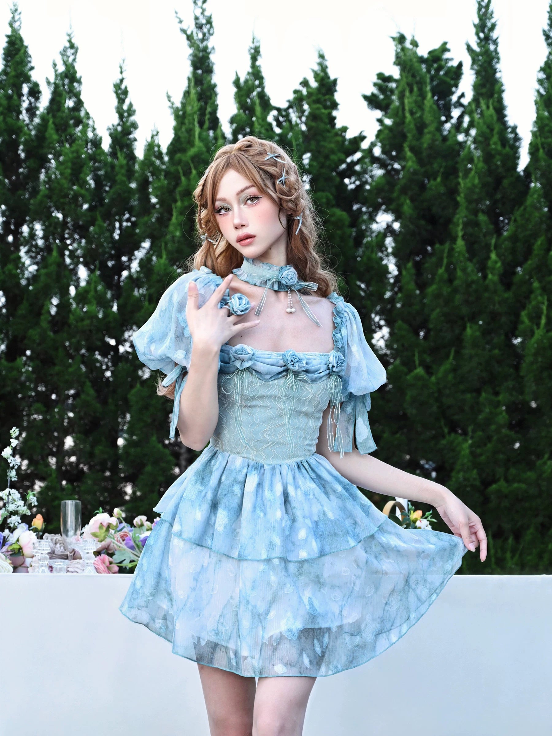 Lace Ruffle Puff-Sleeve Dress