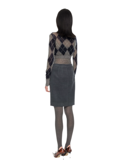 Flauschige Argyle-Strickjacke in verkürzter Länge
