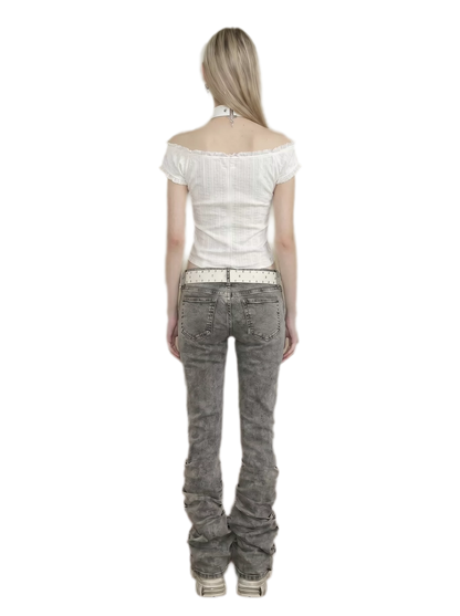 Washed Low-Rise Ruched Flare Jeans