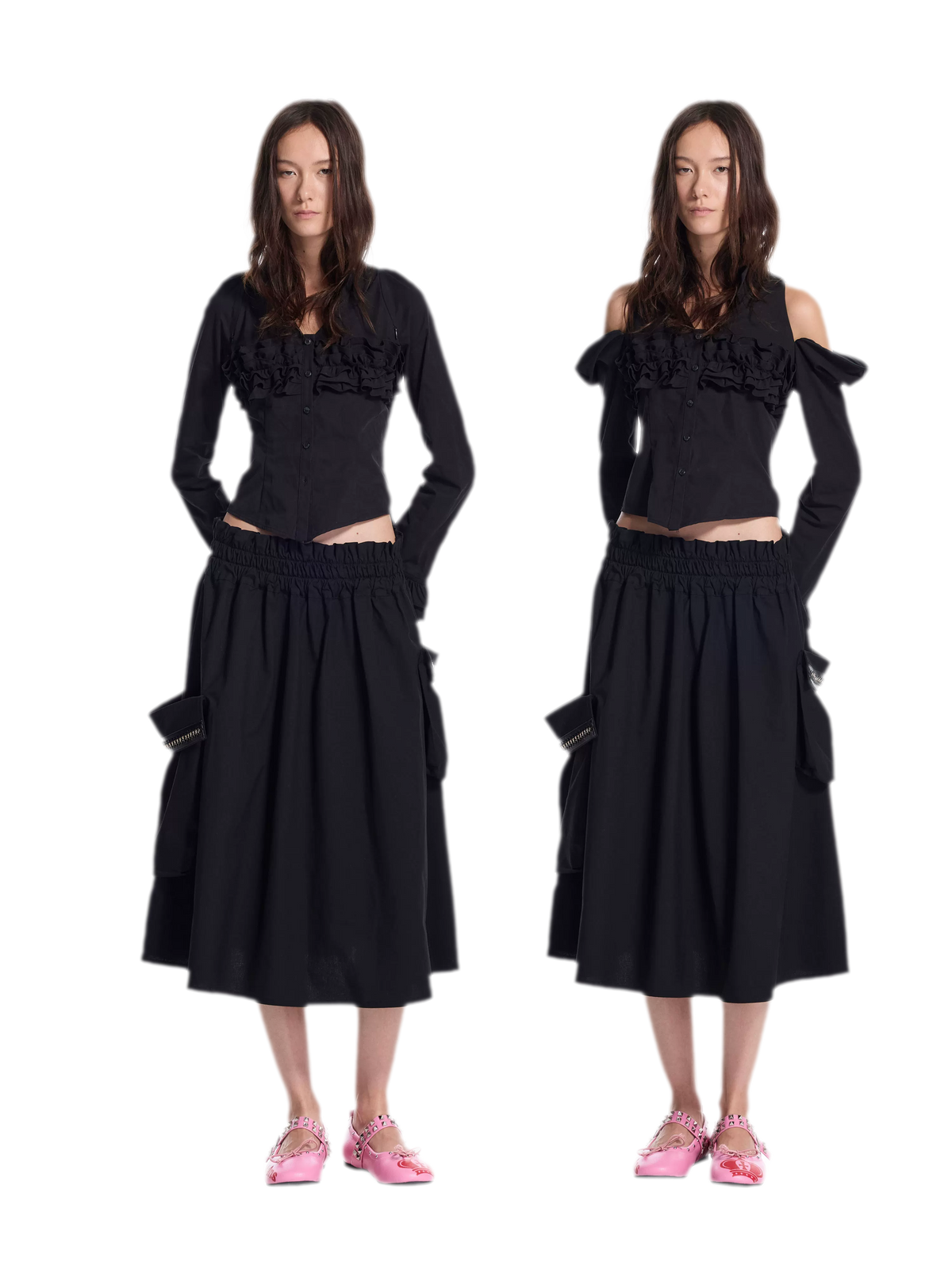 Pleated Ruffle Puff-Sleeve Shirt