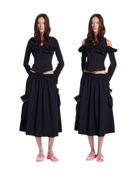 Pleated Ruffle Puff-Sleeve Shirt