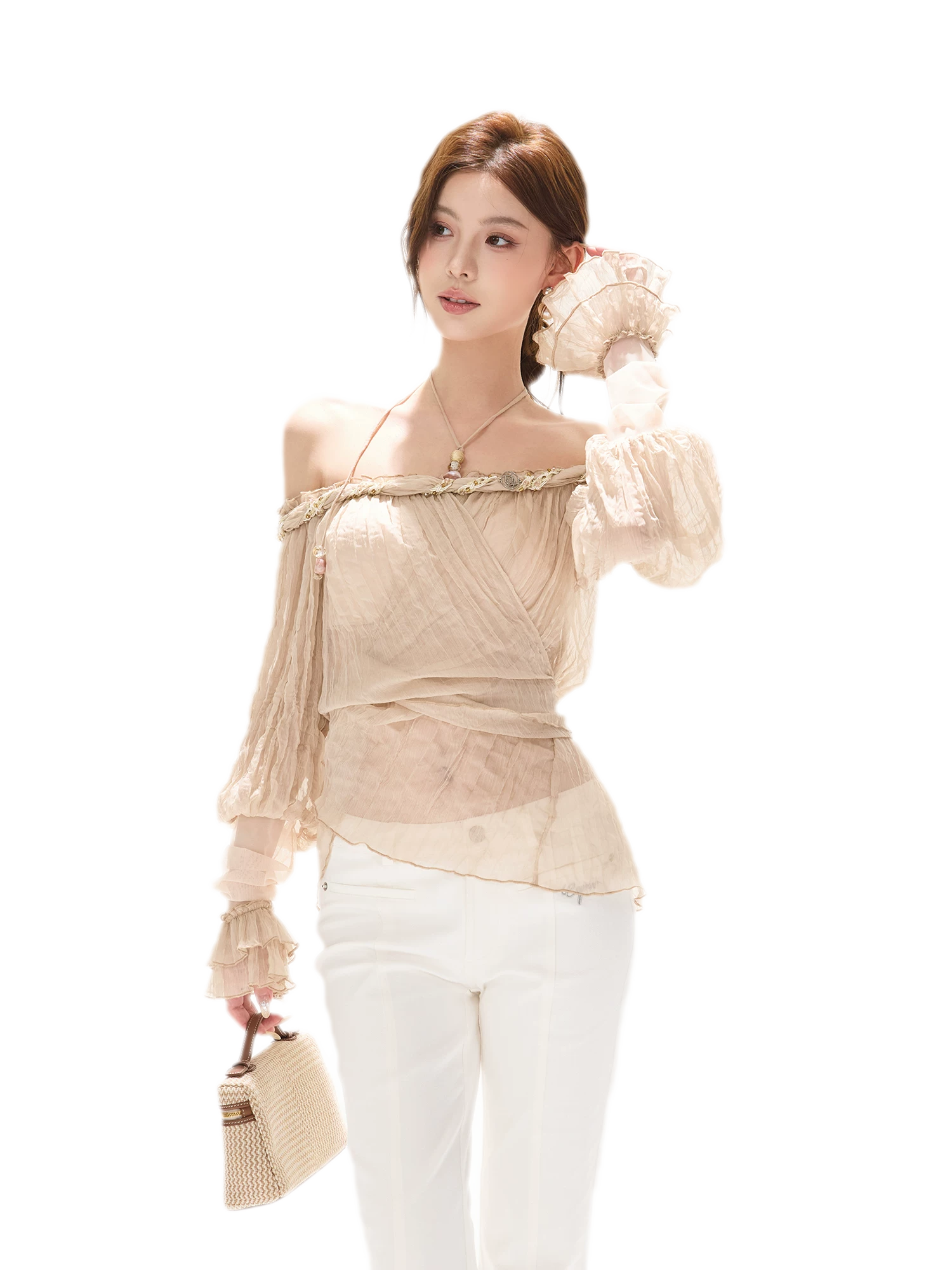 Crinkled Chiffon Beaded Blouse
