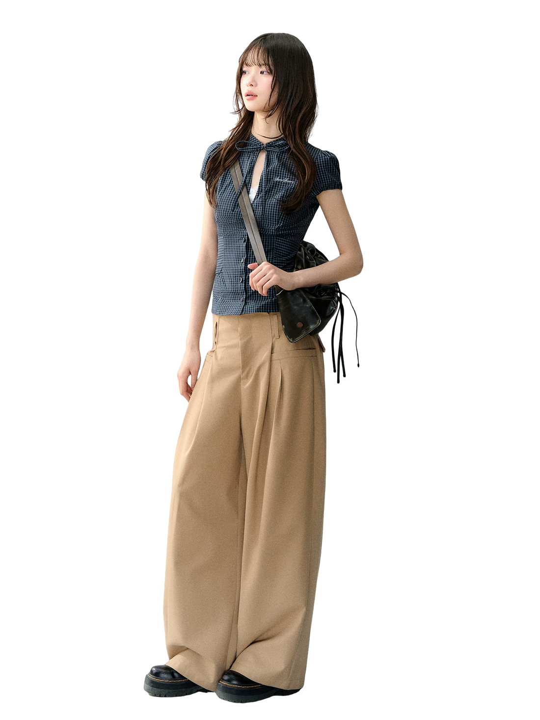 Retro Plaid Tie-Waist Hollow Waist Shirt