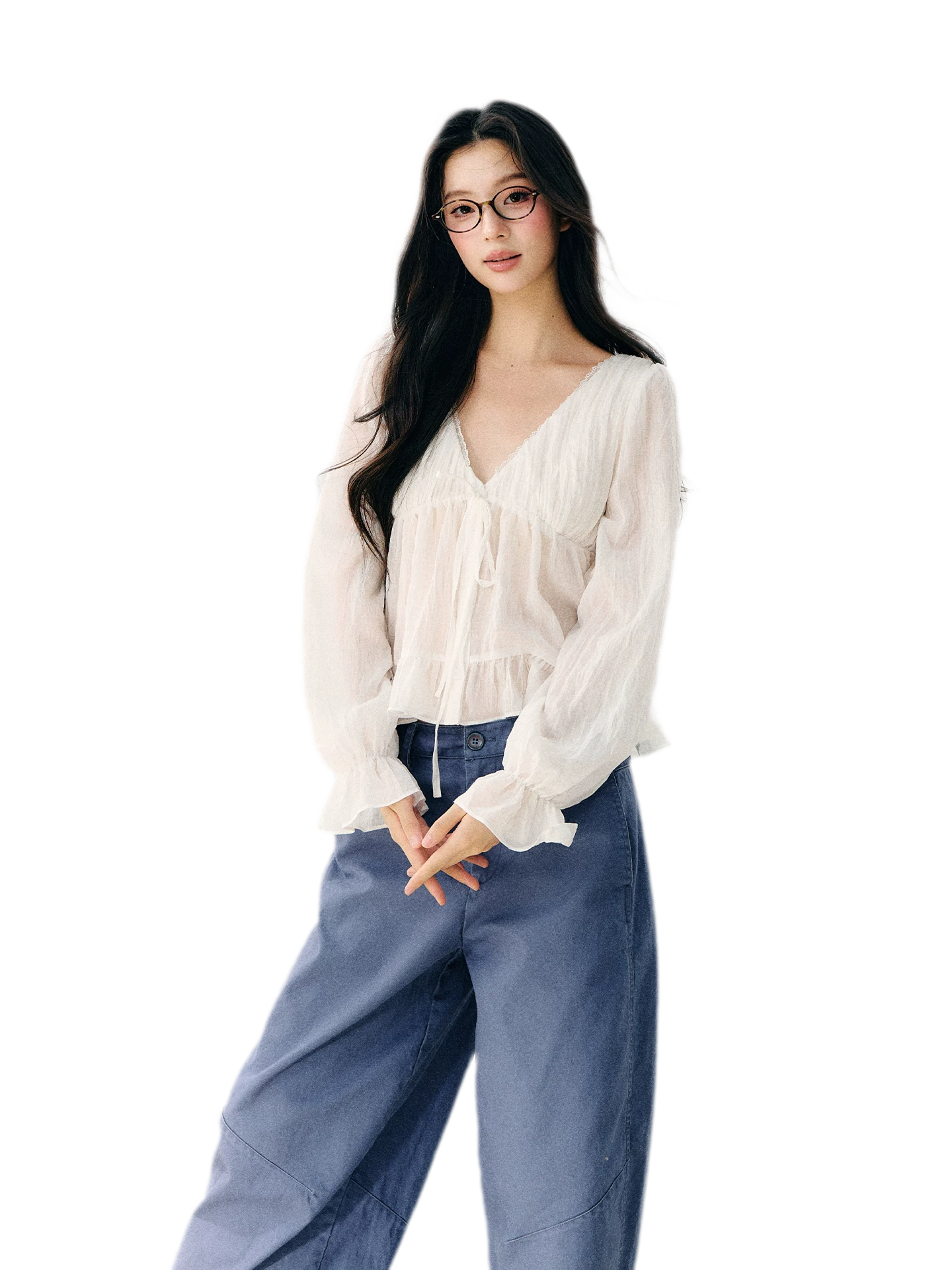 V-Neck Ruffle Chiffon Blouse