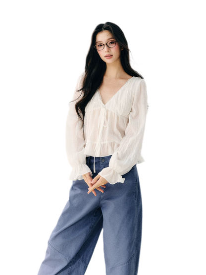 V-Neck Ruffle Chiffon Blouse