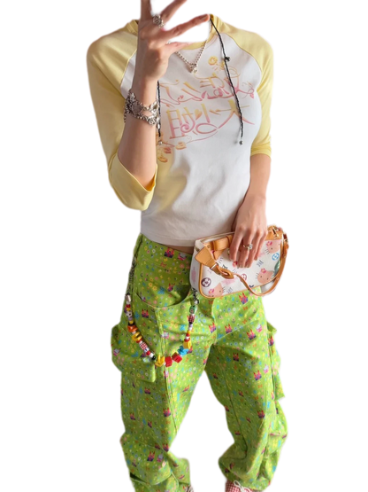 Cotton Graphic Cropped Raglan Top
