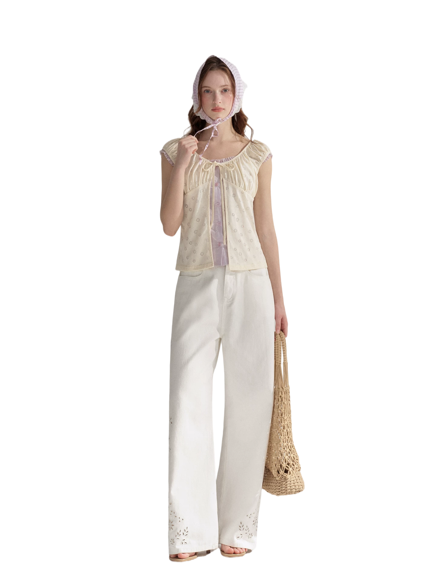 Two-Layer Floral Cutout Contrast Tie-Front Blouse