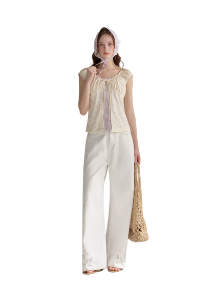 Two-Layer Floral Cutout Contrast Tie-Front Blouse