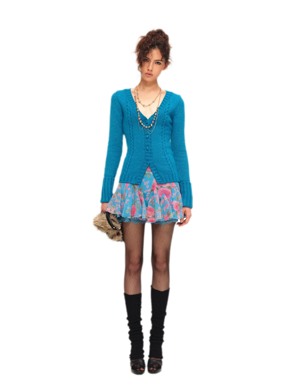 Bộ cardigan và chân váy dệt kim ánh nhũ
