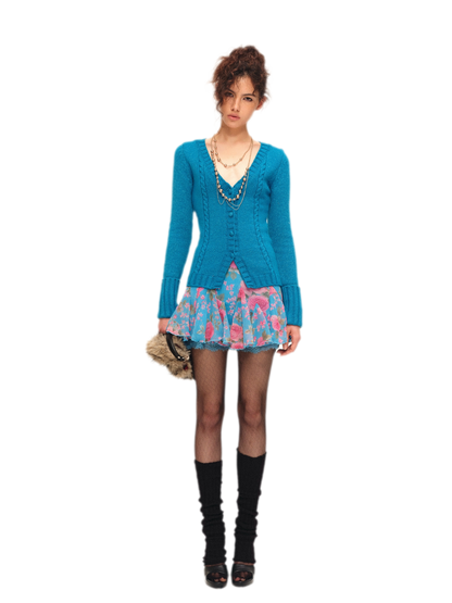 Bộ cardigan và chân váy dệt kim ánh nhũ