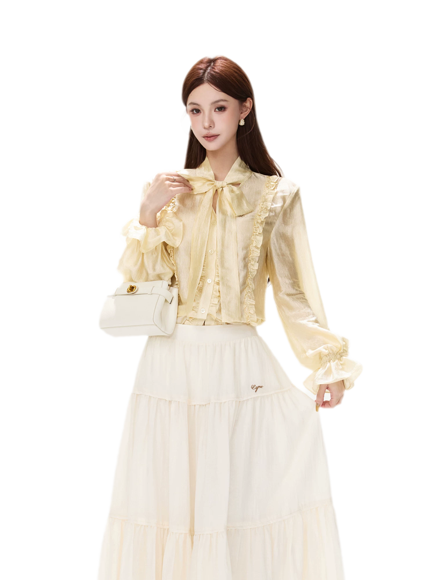 Shimmering Ruffle Lantern Sleeve Blouse
