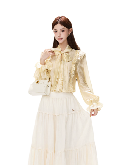 Shimmering Ruffle Lantern Sleeve Blouse