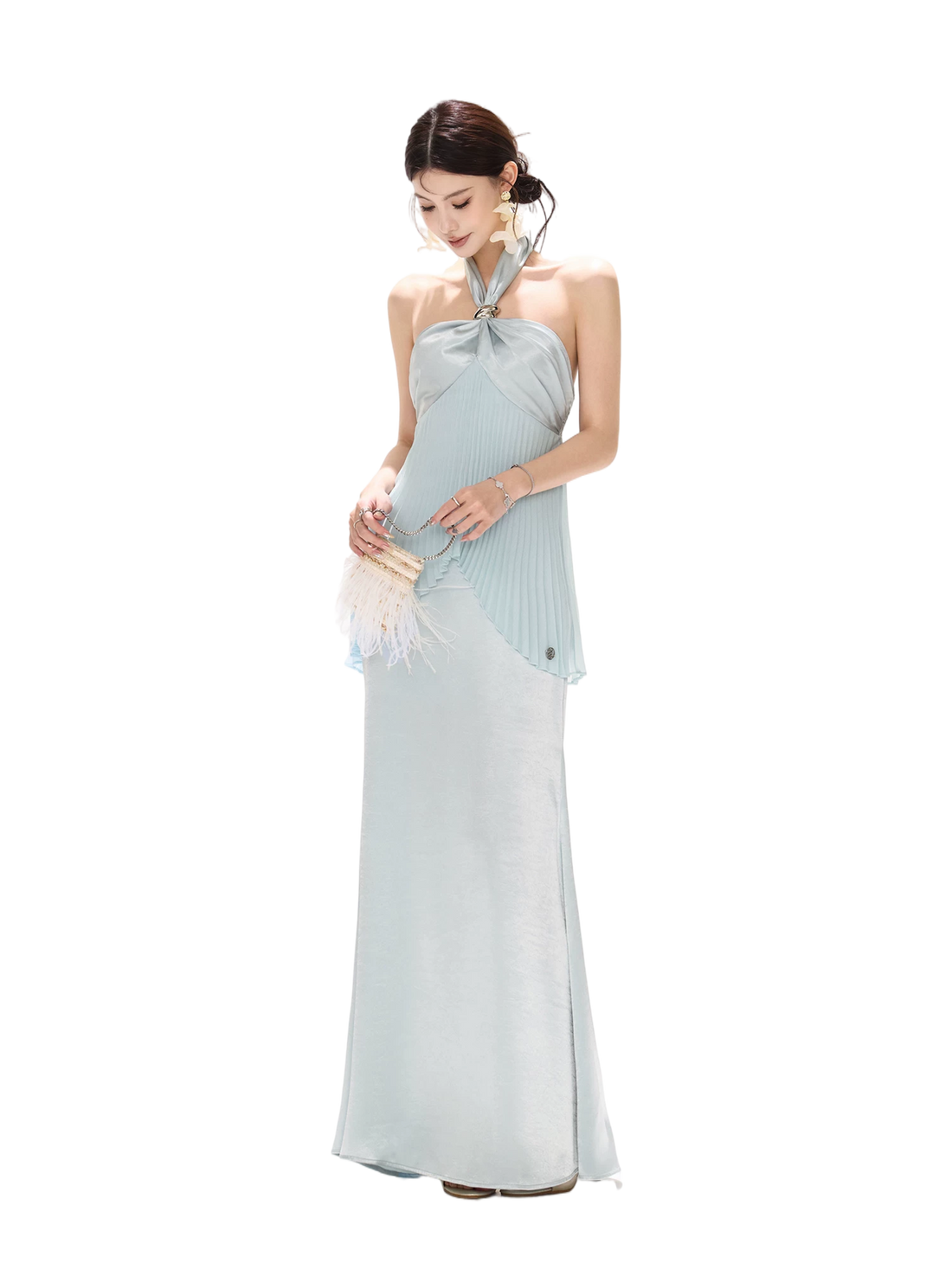 Misty Blue Pleated Halter Satin Long Dress