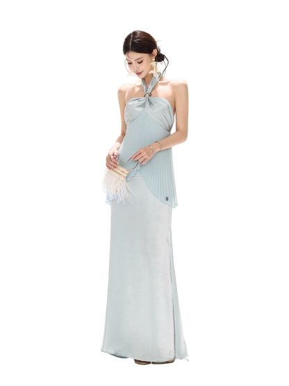 Misty Blue Pleated Halter Satin Long Dress