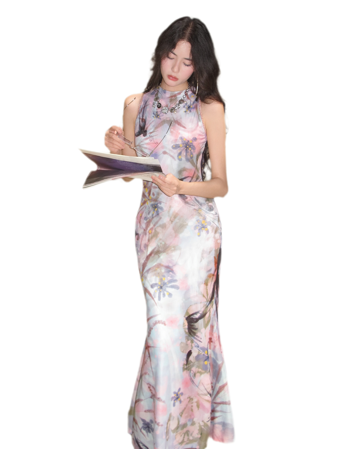 Printed Mock Neck Mermaid Dress