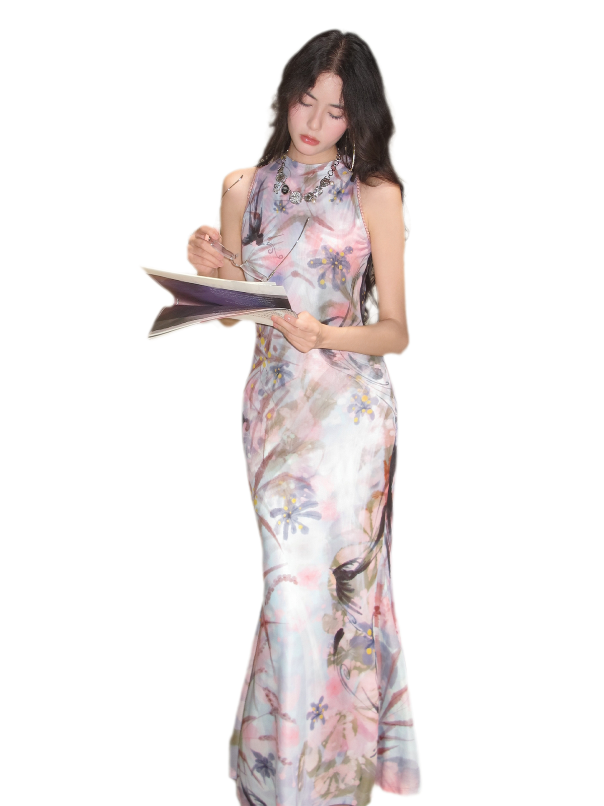 Printed Mock Neck Mermaid Dress