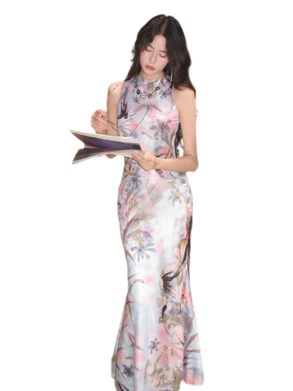 Printed Mock Neck Mermaid Dress
