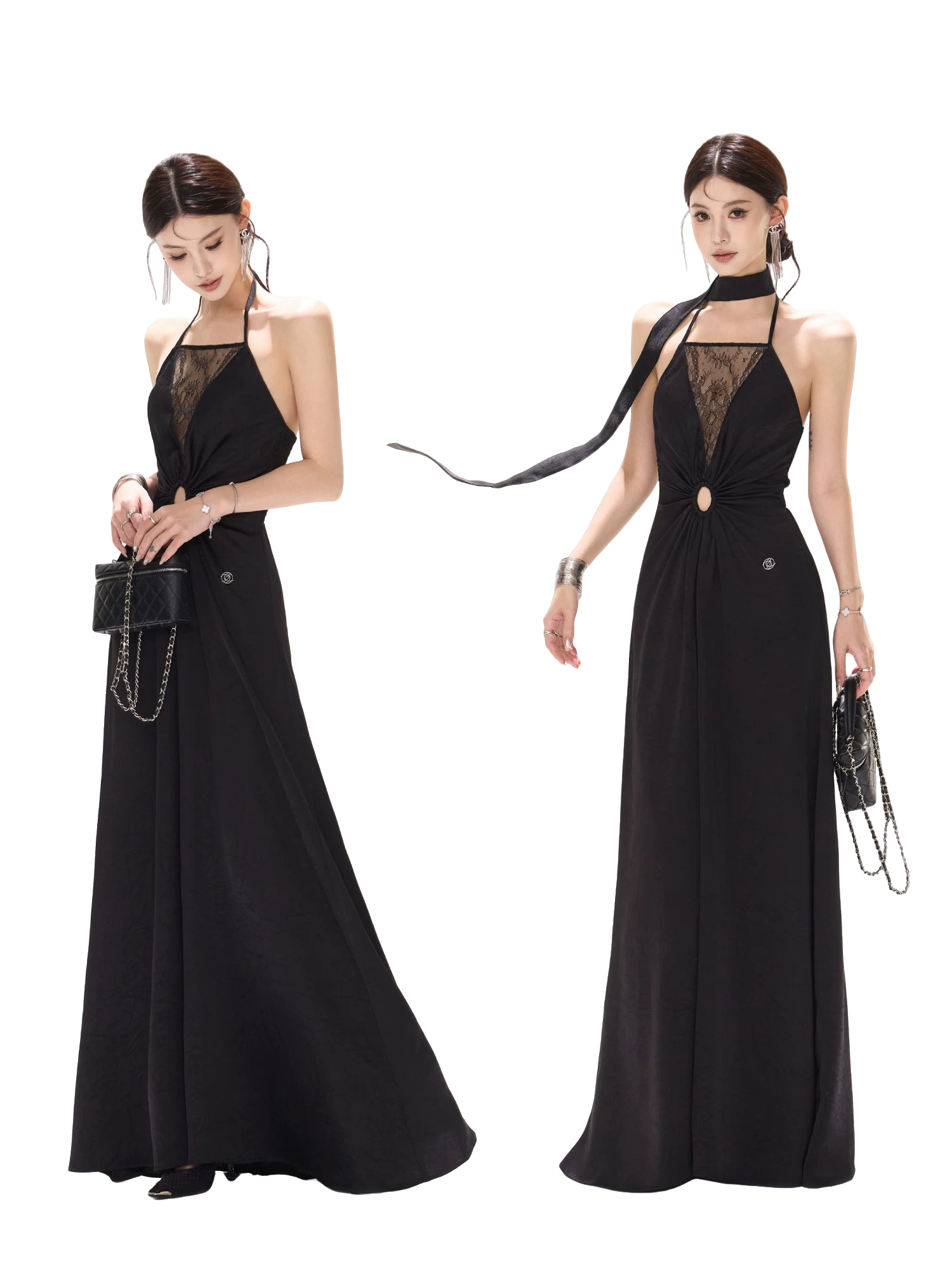 Mesh Lace Deep V Halter Dress with Satin