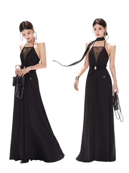 Mesh Lace Deep V Halter Dress with Satin