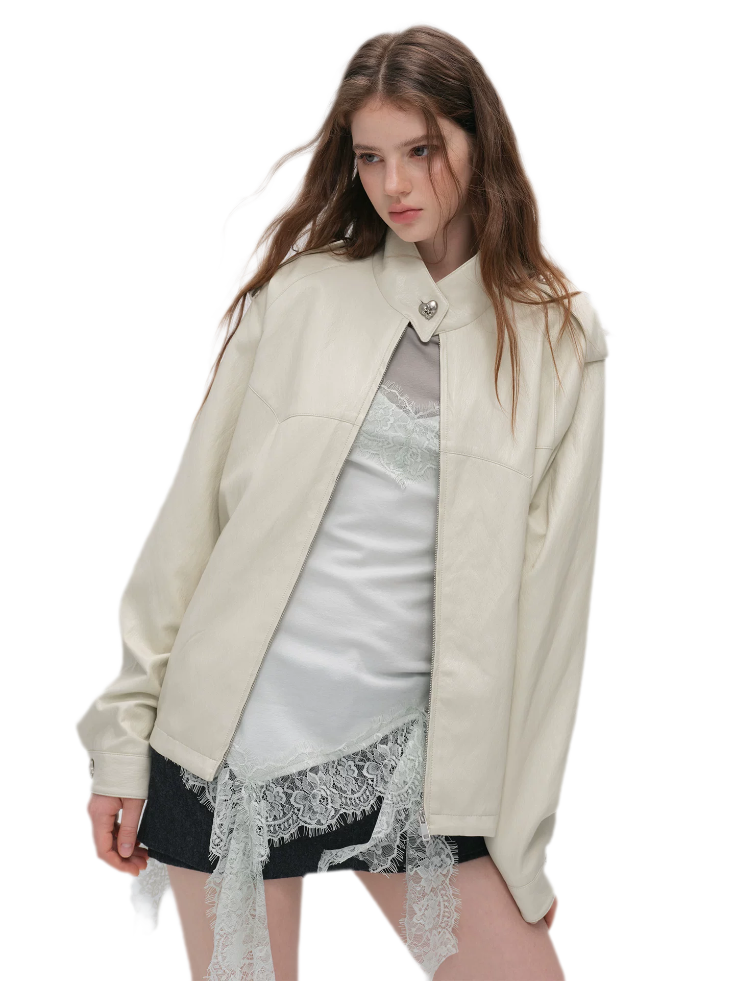 Faux-Leather Lychee-Texture Moto Jacket