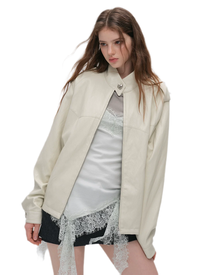 Faux-Leather Lychee-Texture Moto Jacket