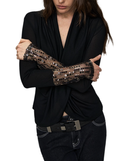 Embroidered Acetate Silk Cross-Knot Long Sleeve T-Shirt