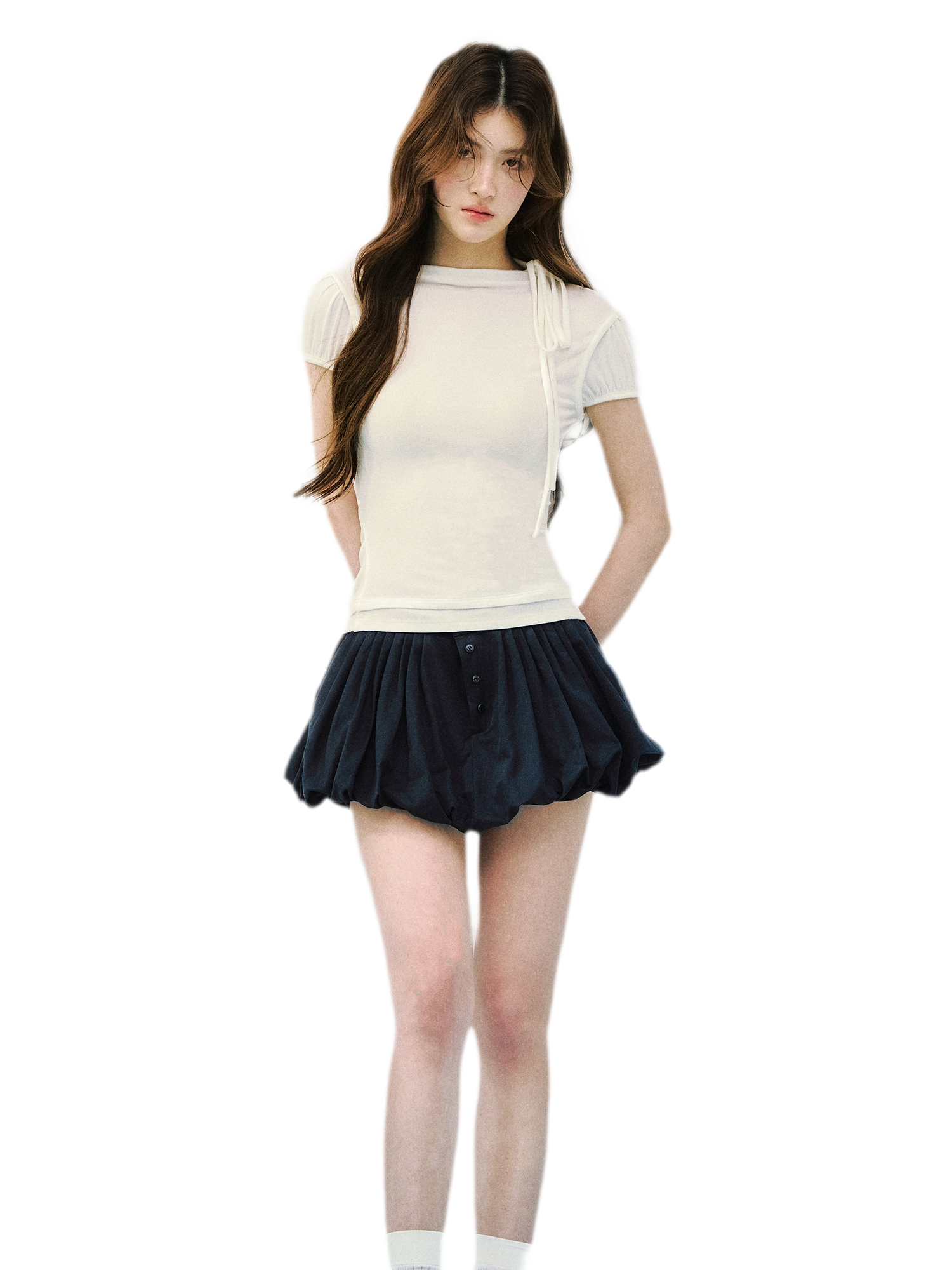 Navy Petal Pleated Skirt