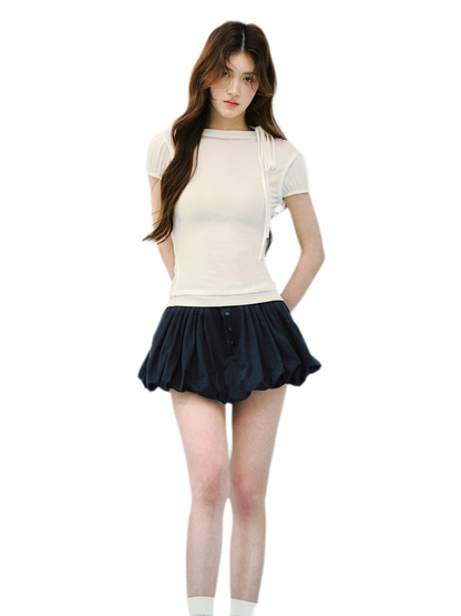 Navy Petal Pleated Skirt