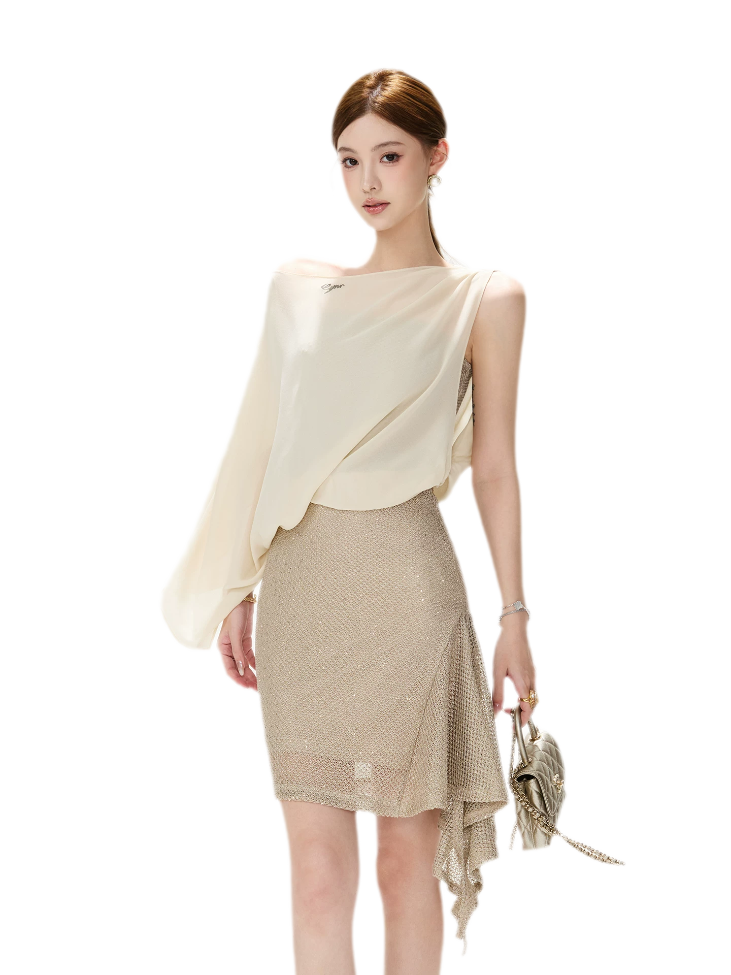 CYNR Sheer Drape Off-Shoulder Dress – view 3