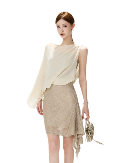 CYNR Sheer Drape Off-Shoulder Dress – view 3