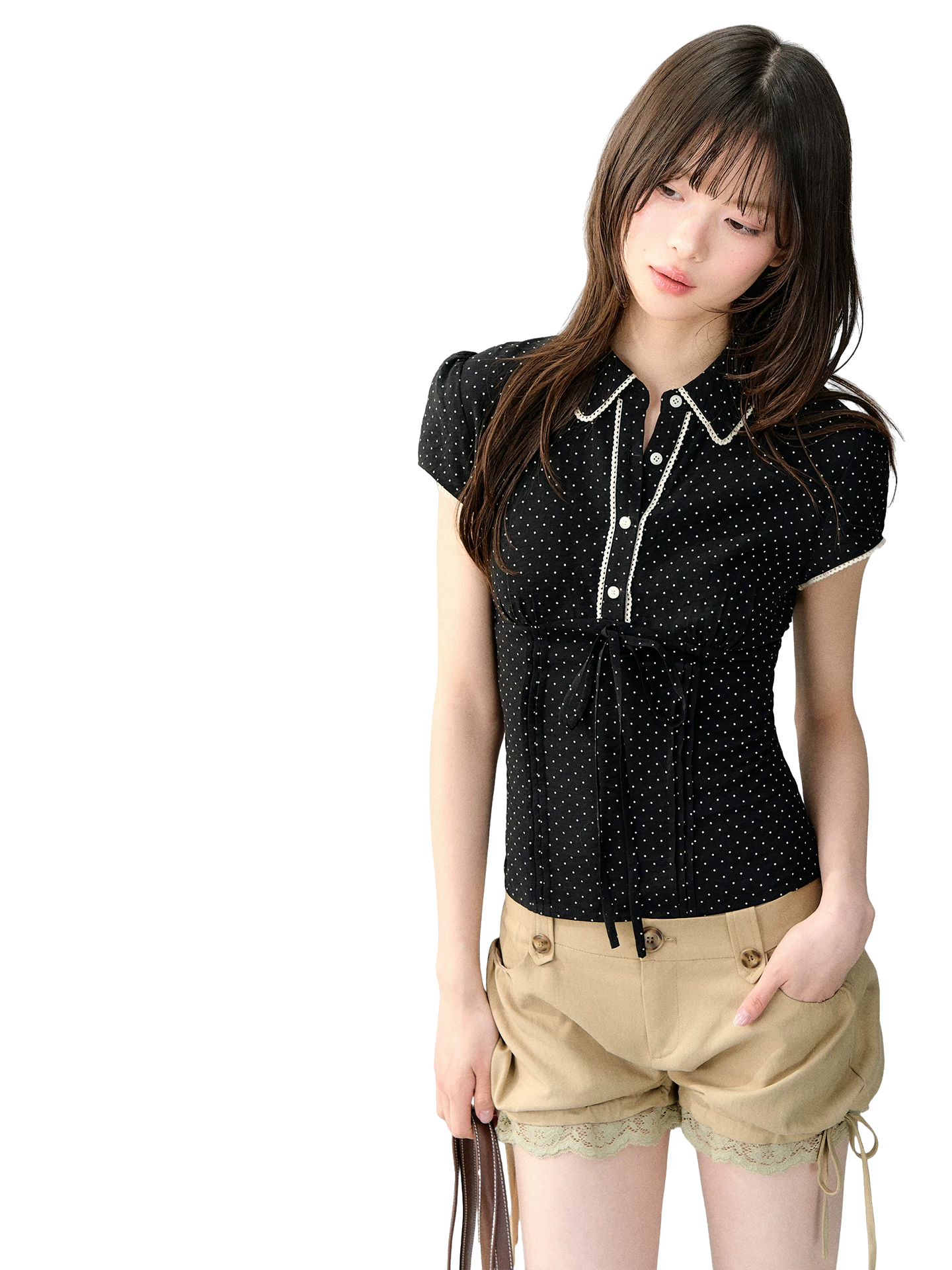 Korean Style Lyocell Waist-Tie Polka Dot Puff Sleeve