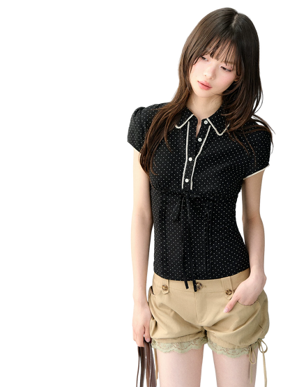 Korean Style Lyocell Waist-Tie Polka Dot Puff Sleeve
