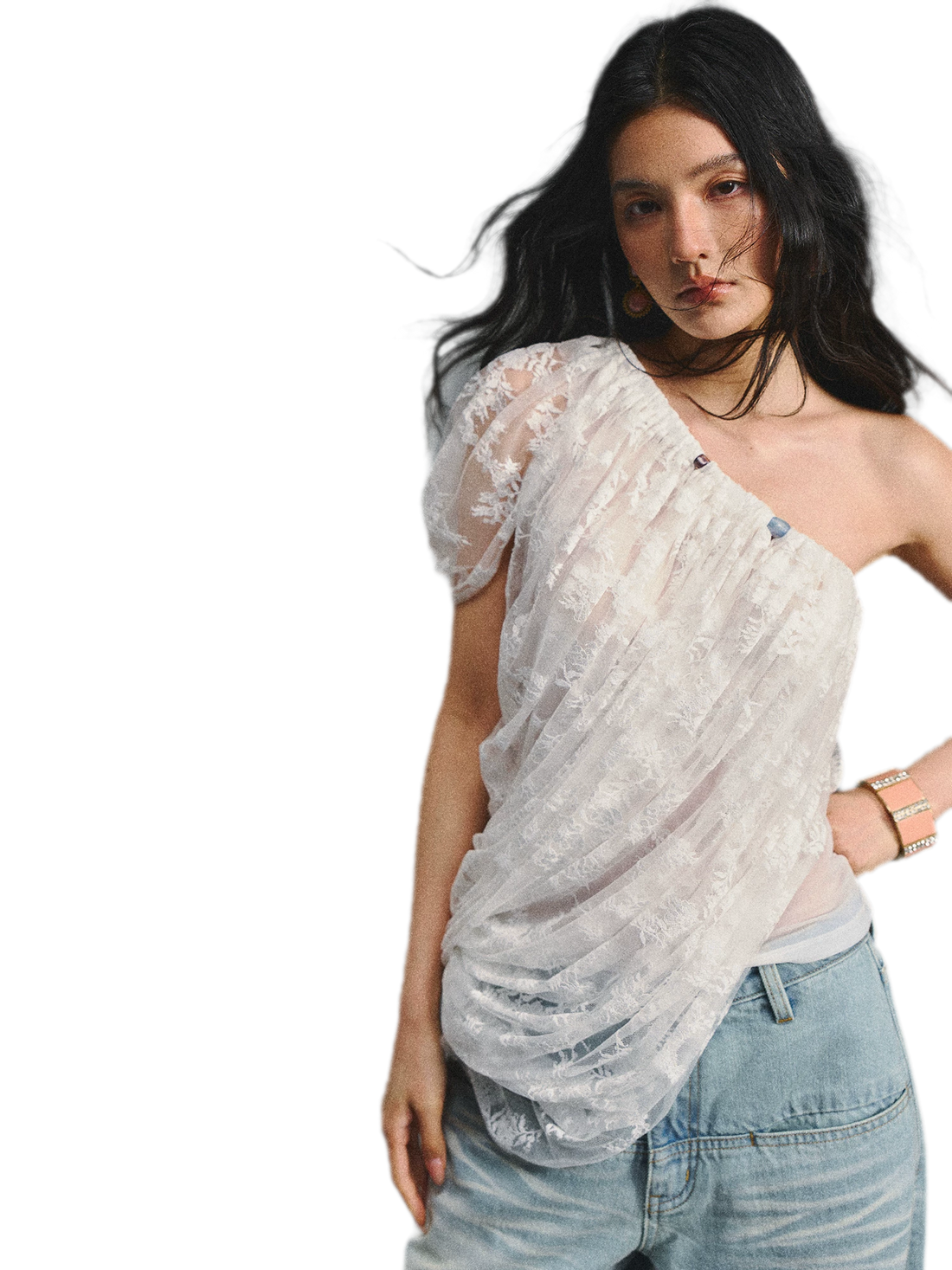 Lace Ruched Asymmetric Top