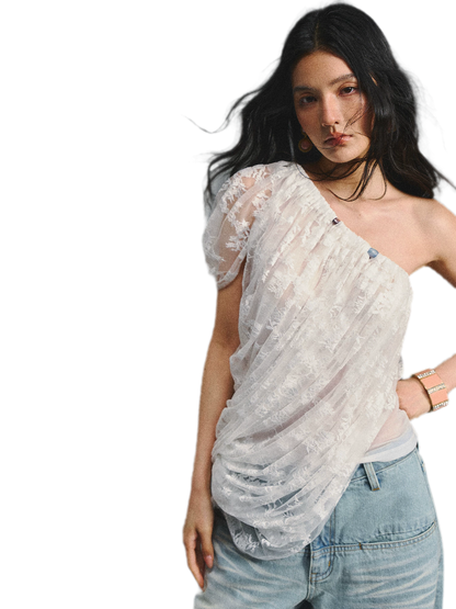 Lace Ruched Asymmetric Top