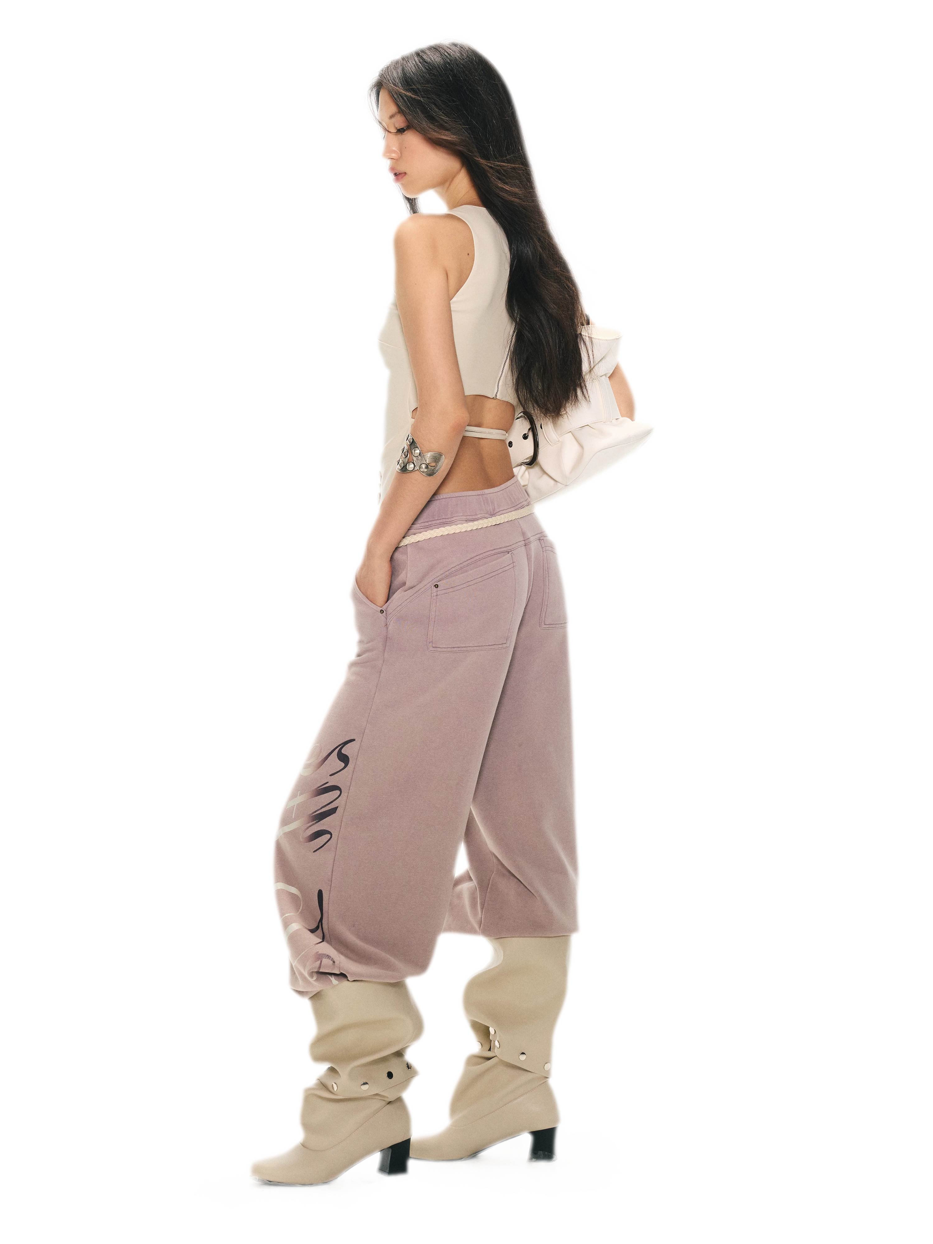 Vintage Letter Print Wide-Leg Pants