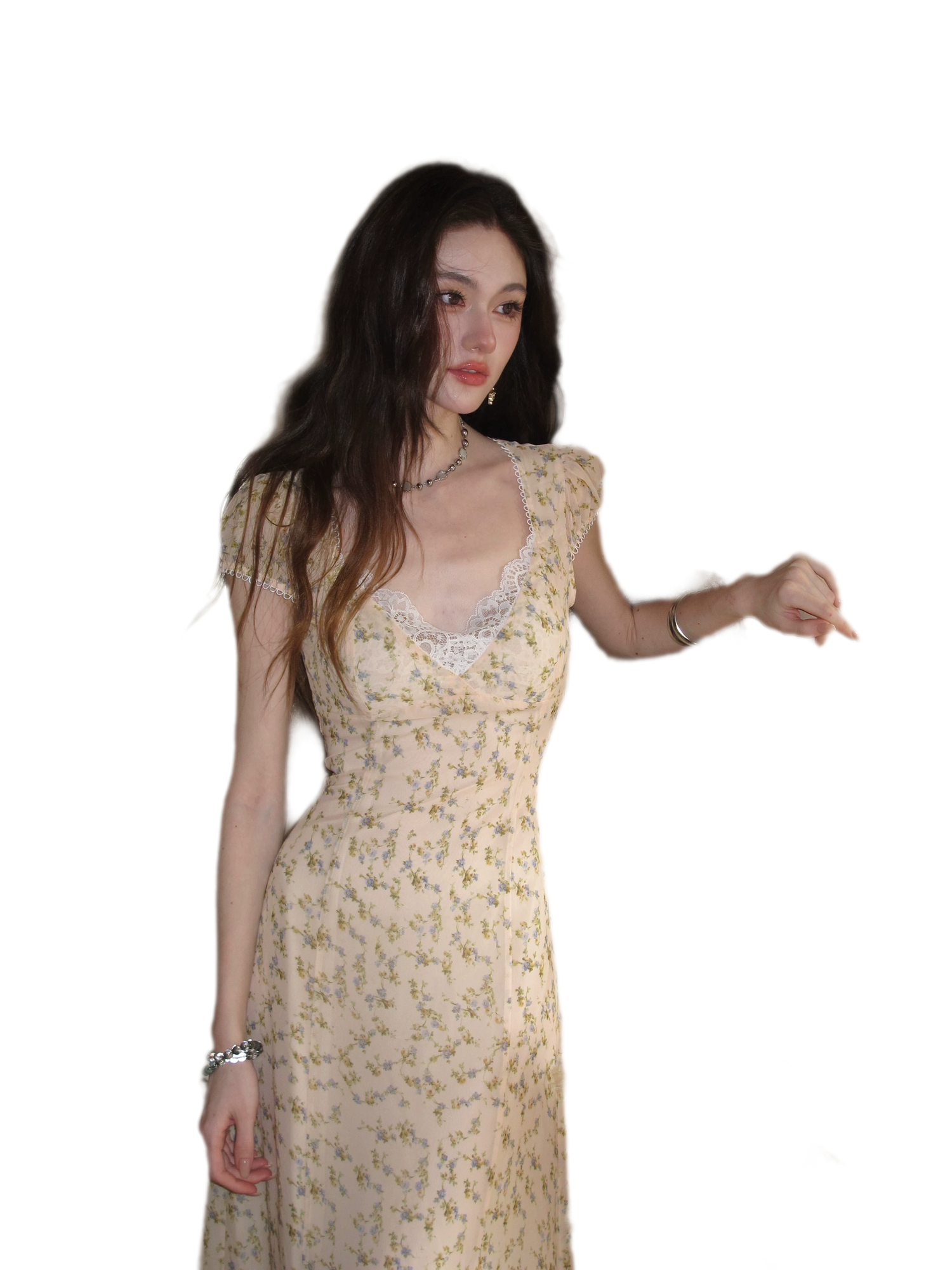 Lace V-Neck Long Dress