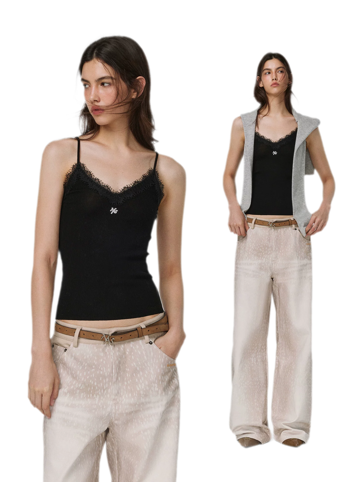 Feinstrick-Camisole aus Wolle mit Spitzenbesatz 100% Wolle