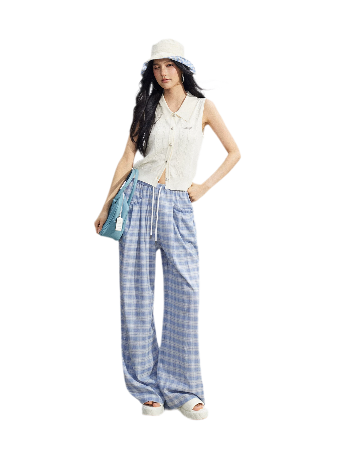 Lace Trim Plaid Wide-Leg Pants