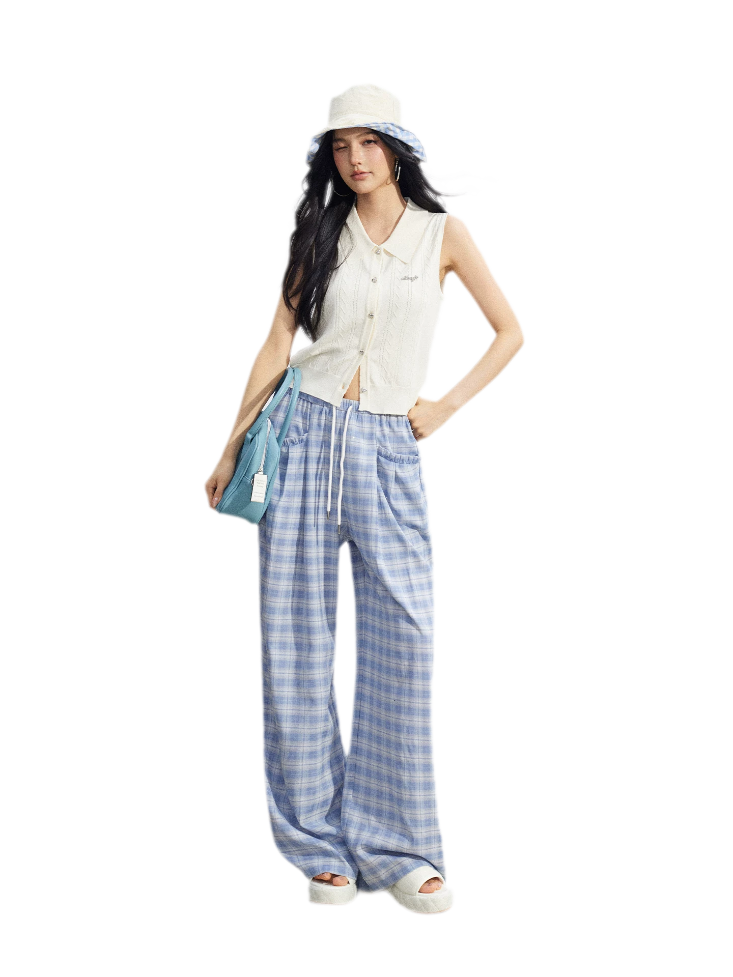Lace Trim Plaid Wide-Leg Pants