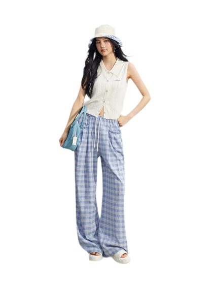 Lace Trim Plaid Wide-Leg Pants