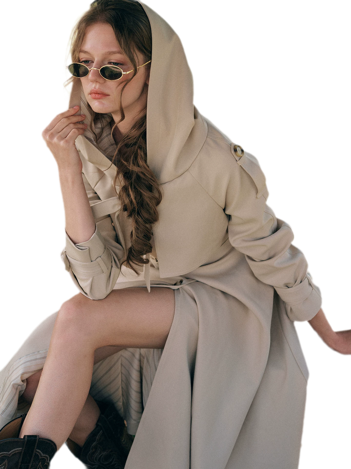 Waist-Defined Hooded Trench Coat